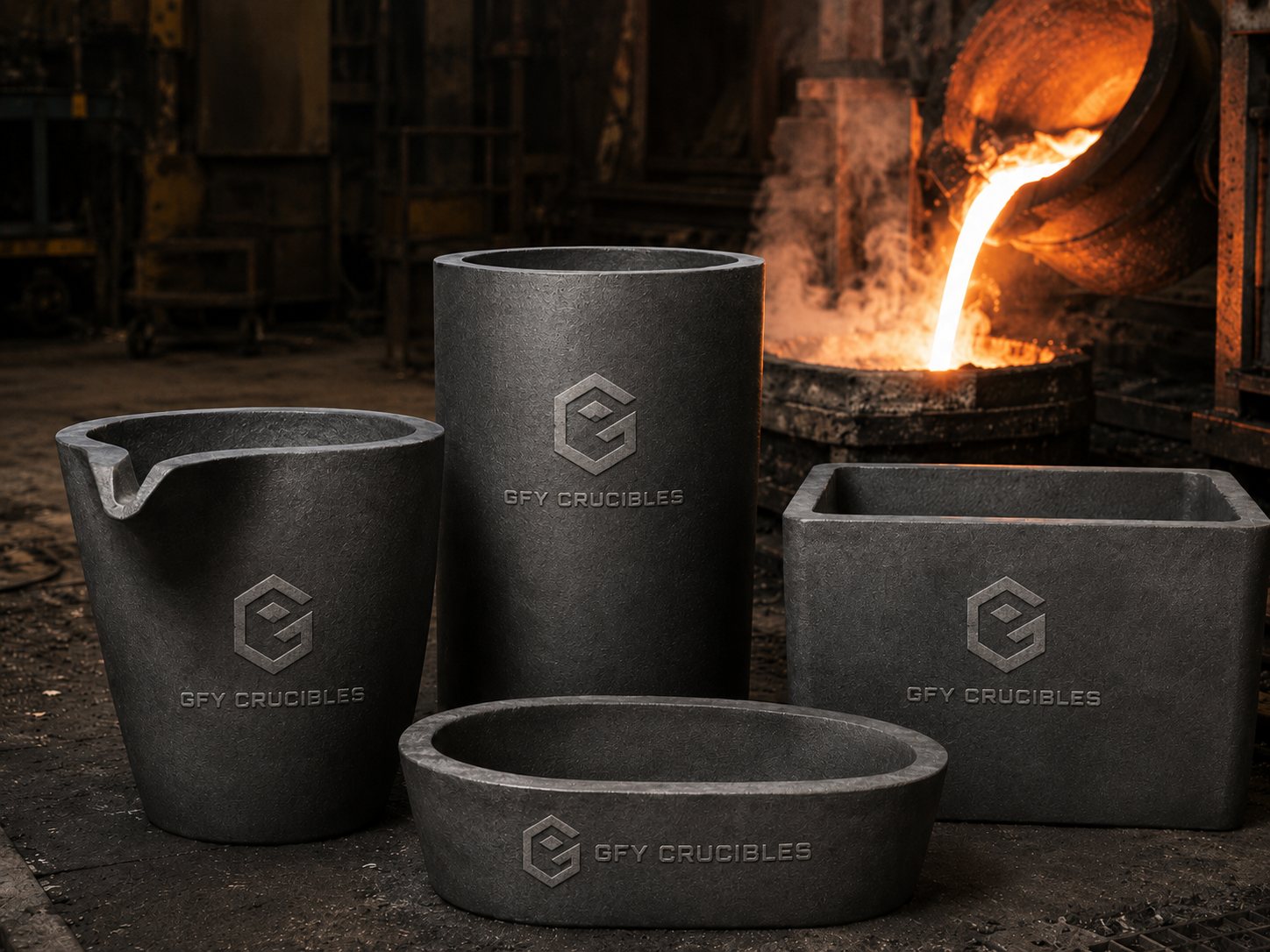 Clay graphite crucibles staged in a hot foundry environment