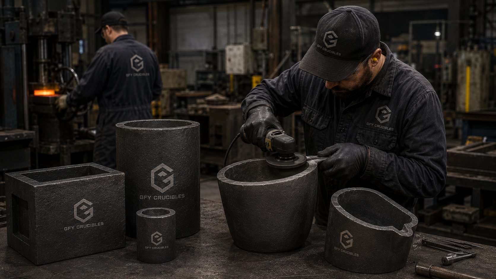 GFY Crucible finishing and inspection work area with crucibles on a shop bench