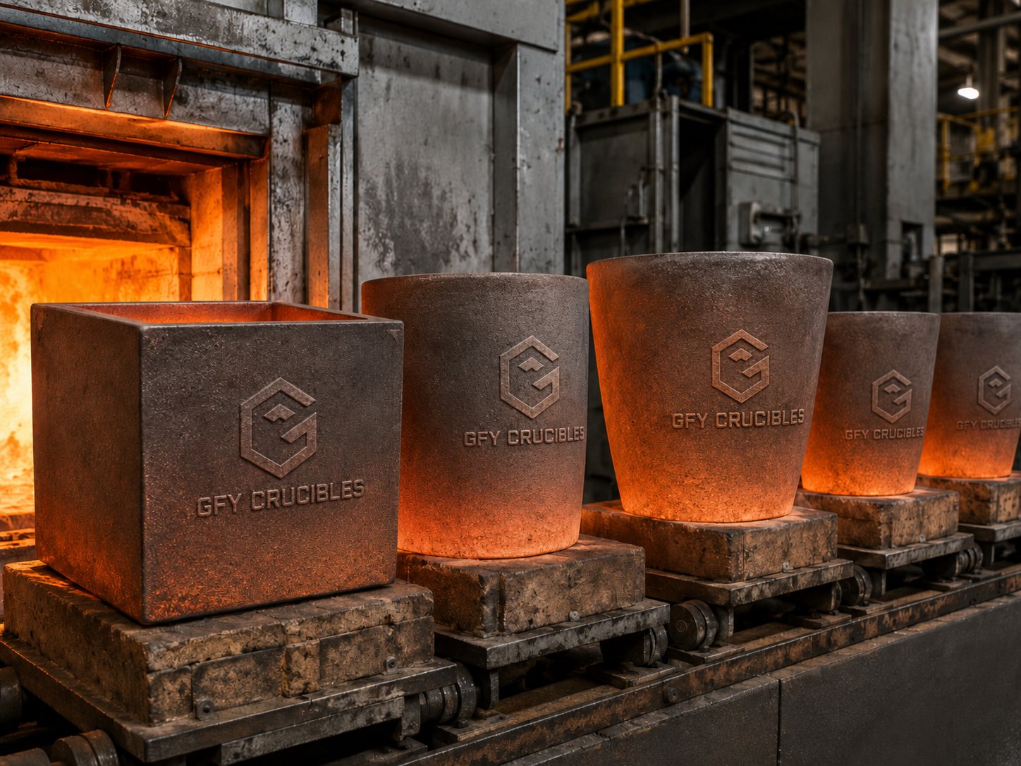 Silicon carbide crucibles glowing near a kiln line