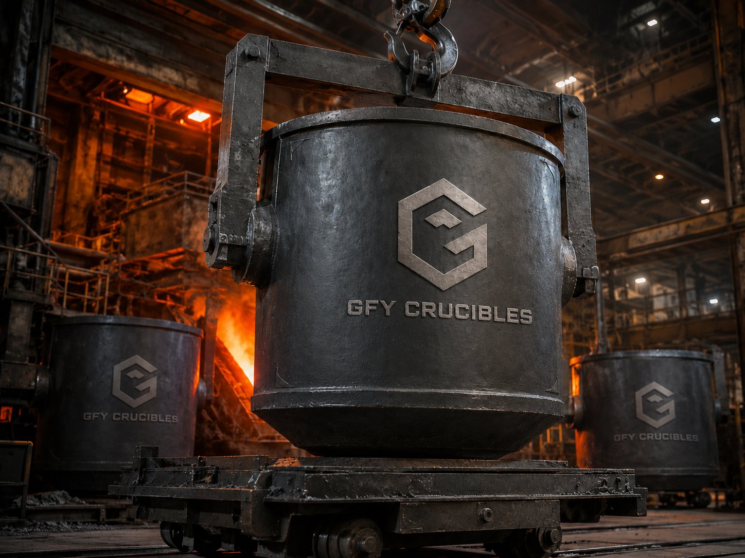 Large industrial crucible being moved by overhead lifting equipment