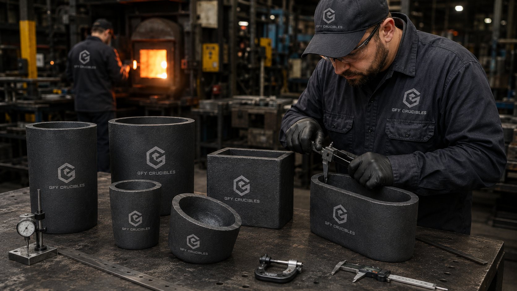 GFY Crucible technician checking crucible dimensions with measuring tools
