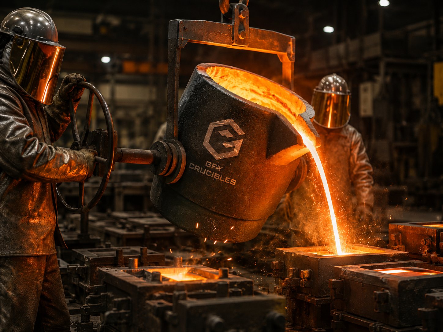 Foundry workers pouring molten material from a GFY Crucible